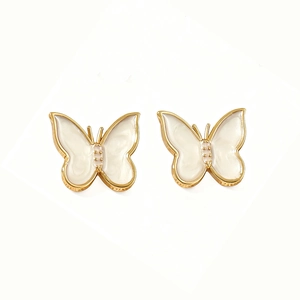 18k gold plated butterfly stud earrings with elegant white enamel and pearl luster finish