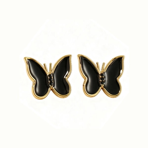18k gold plated butterfly stud earrings with black enamel inlay in minimalist style