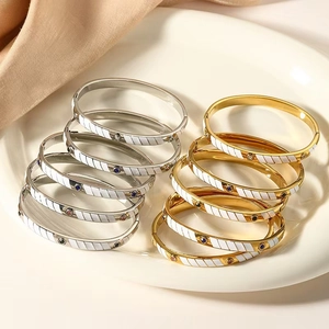 Stainless Steel Enamel Zirconia Bangle For Women Gold Silver Plated Diagonal Stripe Hinged Bracelet Fashion Jewelry Gift