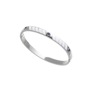 Detail of silver stainless steel bangle with white enamel stripes and blue gemstones