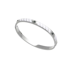 Detailed macro view of silver titanium steel bangle with white enamel and green zircon stones