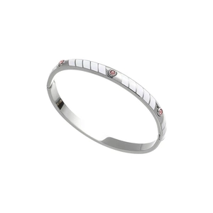 Close-up of silver steel bangle with white enamel inlay and pink zircon accents