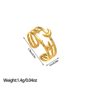 Detail of star and moon multi-layer gold open ring with precise size and weight measurements