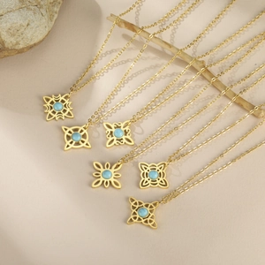 Vintage 304 Stainless Steel Celtic Witch Knot Pendant Necklace For Women Gold Steel Plated Blue Gemstone Geometric Jewelry