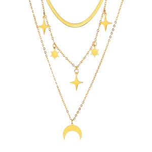 Collar dorado de tres capas con cadena de serpiente, colgantes de estrella y media luna