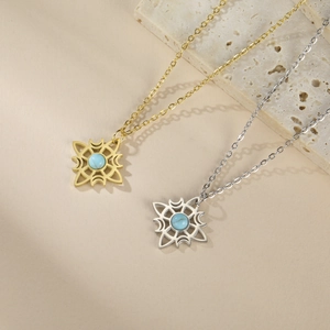 Gold and silver Celtic witch knot necklaces with blue turquoise sun pendant