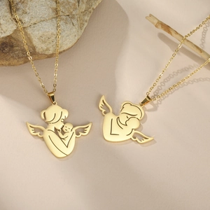 Stainless Steel Mother And Child Angel Pendant Necklace 18K Gold Plated Heart Wing Jewelry Gift For Women Mother Day