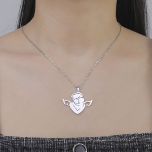 Polished 304 stainless steel angel wing and mother holding child pendant necklace