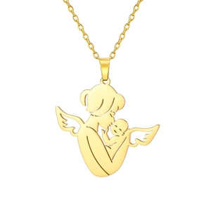 Polished gold 304 stainless steel angel mother and child pendant necklace on white background