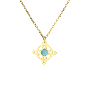Golden Celtic knot necklace with blue turquoise star pendant on minimalist steel chain