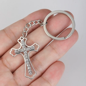 Titanium steel cross keychain pendant with sparkling rhinestones on silver metal ring