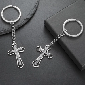 Polished stainless steel cross keychain set with sparkling crystal rhinestones inlay