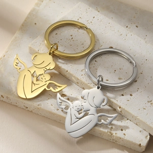 Polierte Edelstahl-Schlüsselanhänger Engel mit Mutter und Kind in Gold und Silber