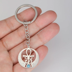 Portachiavi in acciaio inox con occhio di Horus, croce Ankh e perla azzurra