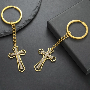 Fashion Stainless Steel Cross Pendant Keychain With Shiny Rhinestones Gold Silver Color Religious Key Ring Gift For Unisex