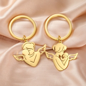304 Edelstahl Engel Mutter Und Baby Silhouette Schlüsselanhänger Hohl Herz Flügel Anhänger Schlüsselring Für Damen Mutter Geschenk