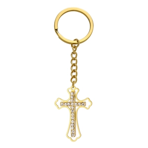 Elegant gold titanium steel cross keychain featuring sparkling rhinestones and double-layer design