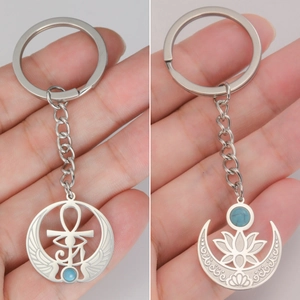 Portachiavi in Acciaio Inossidabile 304 Con Croce Ankh Egiziana Occhio Di Horus Loto Luna Crescente E Pietra Blu Regalo Uomo Donna
