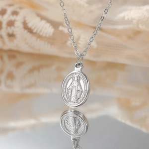 Stainless Steel Miraculous Medal Virgin Mary Oval Pendant Necklace 18K Gold Plated Religious Jewelry For Men Women Gift