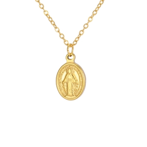 Minimalist gold oval Virgin Mary pendant necklace in stainless steel on white background