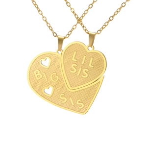 Polished gold stainless steel heart puzzle necklace set with Big Sis Lil Sis engraving