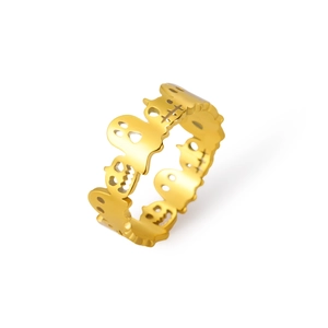Gold Halloween ring with ghost and pumpkin cutouts in a minimalist polished style