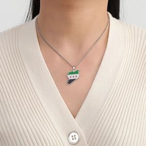 Syria map pendant necklace in silver stainless steel with green white black enamel finish