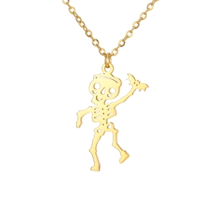 Goldene Edelstahlkette mit lustigem Skelett-Anhänger und kleiner Fledermaus-Figur