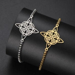Polished stainless steel ball chain bracelets featuring Celtic witches knot pendants