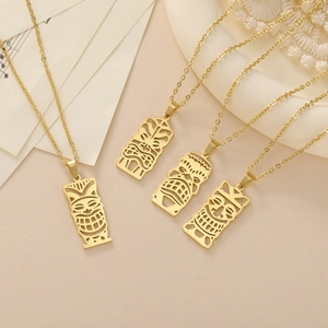 Collier Pendentif Masque Tiki en Acier Inoxydable 304 Bijoux Charme Visage Ajouré Tribal pour Hommes Femmes Cadeau Halloween