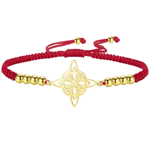 Red braided Celtic knot bracelet with gold stainless steel charms and beads for women
