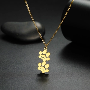 Detail van gepersonaliseerde gouden hondenpoot ketting met gravure op zwarte stenen