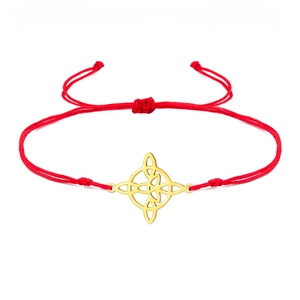 Adjustable red woven cord bracelet with a gold-plated stainless steel Witch's Knot pendant