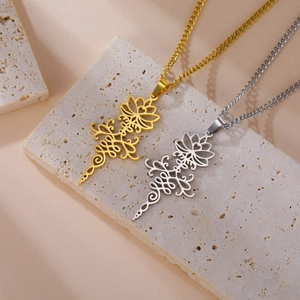 Botanical hollow lotus ring pendant necklaces in gold and silver stainless steel