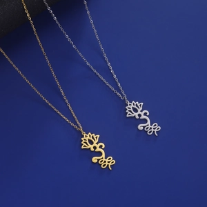 Detailed close-up of hollow lotus pendant necklaces in gold and silver stainless steel