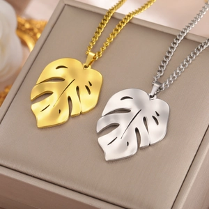 Collana con ciondolo a foglia di monstera in acciaio inossidabile lucido oro e argento