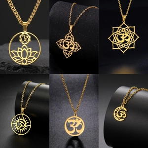 Stainless Steel Om Lotus Yoga Pendant Necklace 18K Gold Plated Mandala Sun Moon Hollow Geometric Charm Jewelry For Women