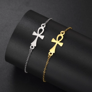 Stainless Steel Ankh Cross Bracelet For Men Women Gold Silver Plated Religious Life Key Charm Adjustable Hand Jewelry Gift