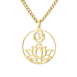 Golden stainless steel necklace featuring a hollow round lotus and Om yoga pendant