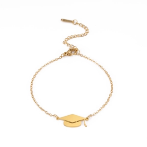 Polished gold stainless steel graduation cap pendant bracelet with adjustable chain link