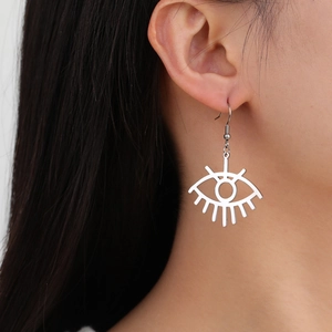 Detail view of a 304 stainless steel eye-shaped earring pendant worn by a model