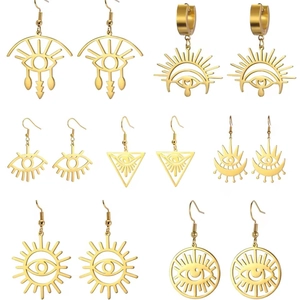 Bohemian 304 Stainless Steel Evil Eye Drop Earrings For Women Geometric Sun Moon Star Hollow Out Dangle Earrings Jewelry