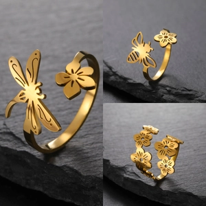 Fashion 304 Stainless Steel Open Ring For Women Hollow Bee Dragonfly Flower Adjustable Minimalist Finger Ring Jewelry Gift
