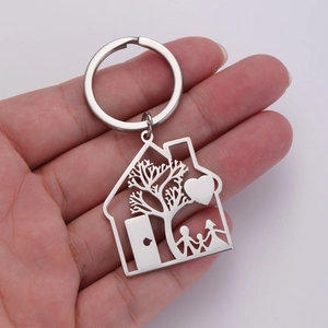 Polished 304 stainless steel house keychain featuring family silhouette and tree design