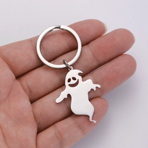 Polished stainless steel ghost pendant keychain with silver metallic finish and ring