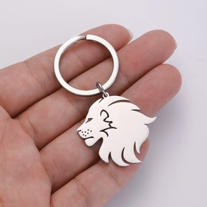 Detail of 304 stainless steel keychain featuring a lion head silhouette design
