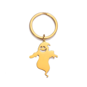 Polished gold stainless steel ghost keychain with cute cutout face for festive gifts