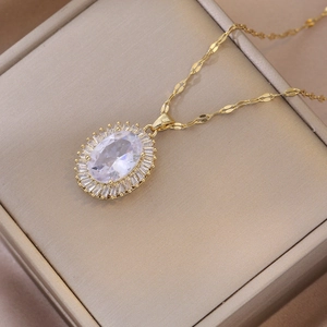 Pendant Necklace Stainless Steel Zircon Oval Halo Design 18K Gold Plated Geometric Elegant Jewelry For Women