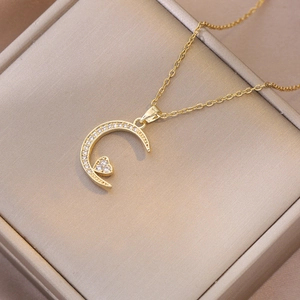 Sikkelmaan Hart Hanger Halsketting Roestvrij Staal Met Zirkonia Ingelegd Koreaanse Stijl Luxe Lichte Sieraden Voor Vrouwen