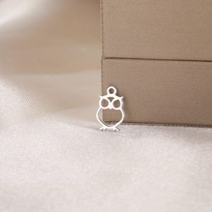 Detailed close-up of a silver stainless steel owl pendant with sleek hollow out design